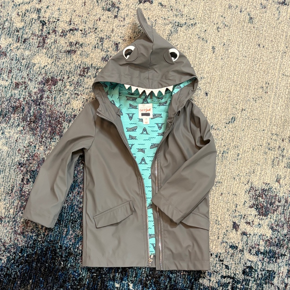 Cat & Jack Gray Shark Hooded Rain Jacket with Aqua Lining
